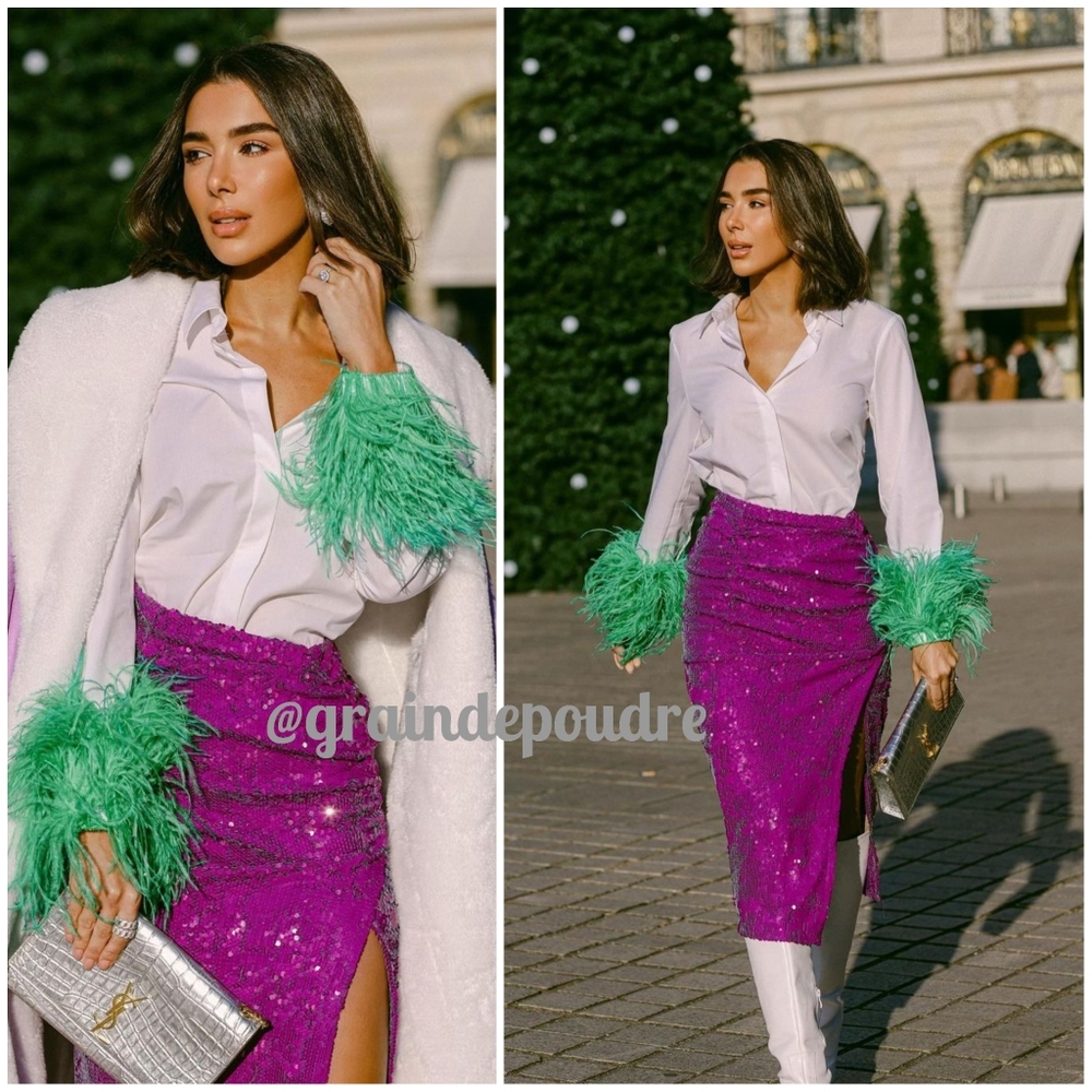 Rare! Zara Blogger Campaign Purple S Sequin Slit Ruched Midi Pencil Skirt XS